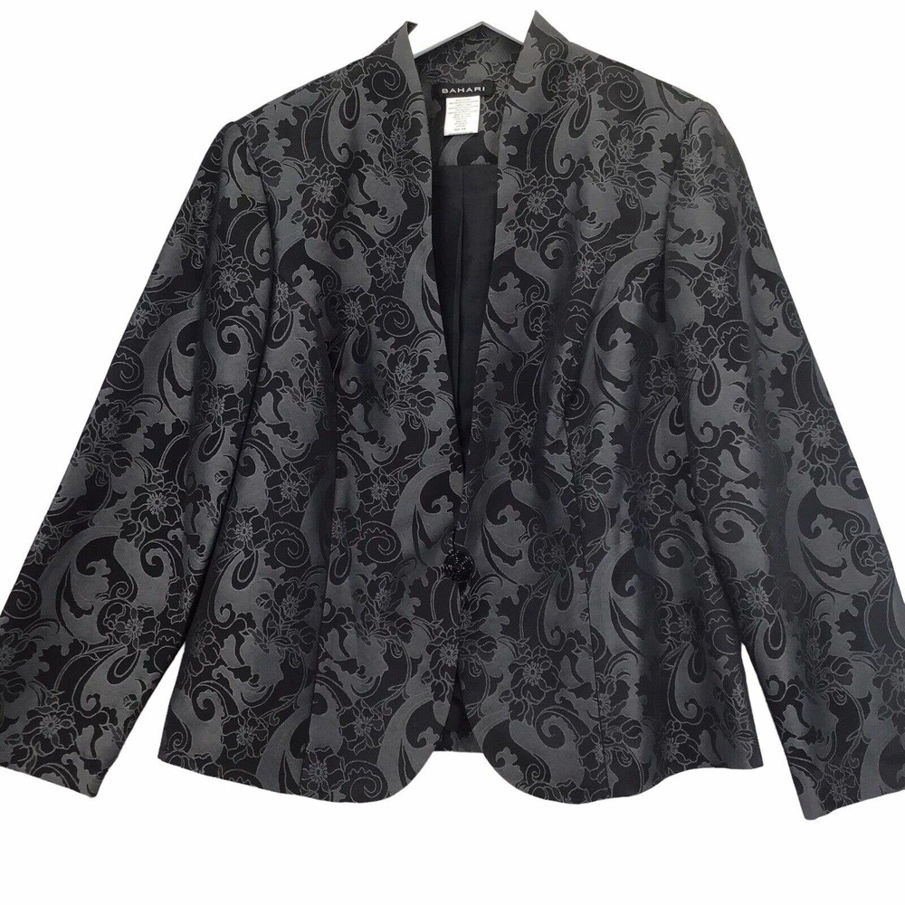 BAHARI Women Jacket Size 16W Grey Floral Print Long Sleeves Shacket